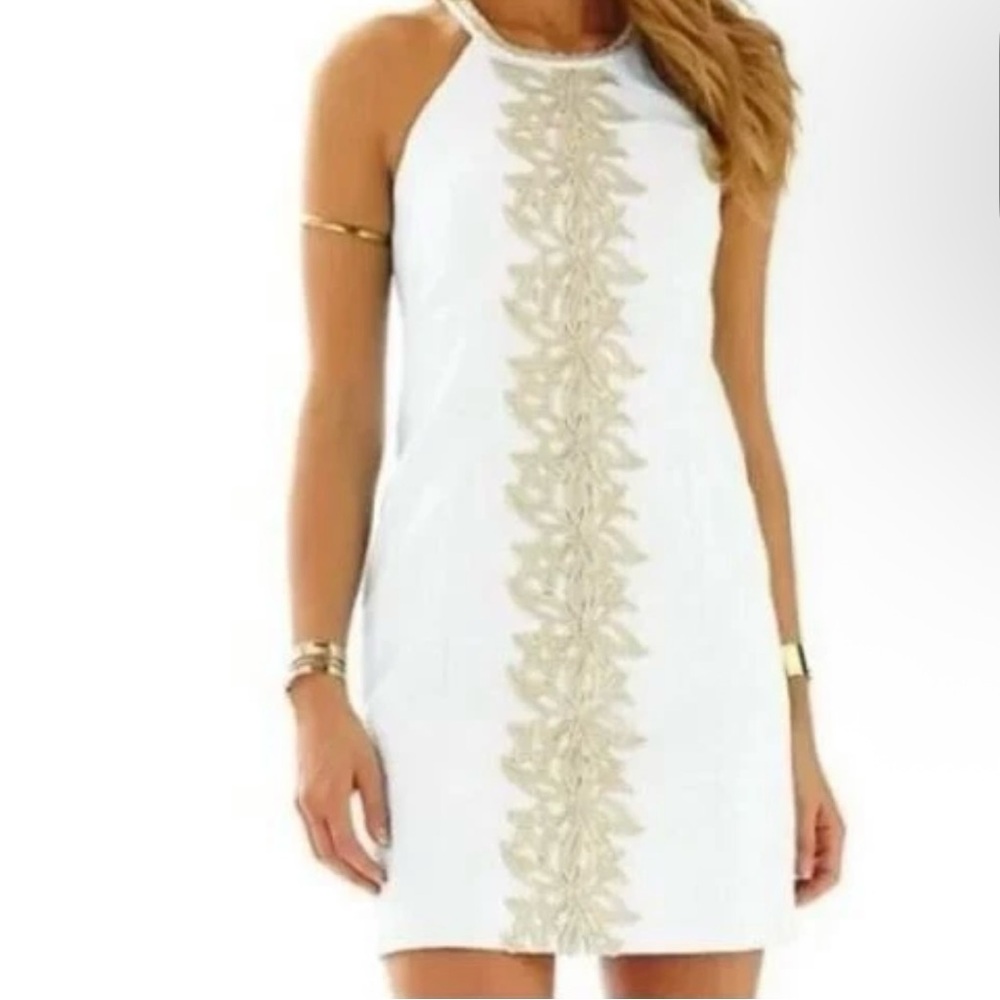 Lilly Pulitzer Parker Palm Shift Dress Resort Embroidery Halter white gold 2